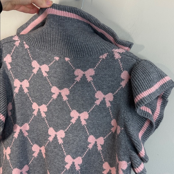 NWT Entro Gray Pink Bow Flutter Sleeve Quarter Zip Sweater Size L Coquette - Picture 12 of 12